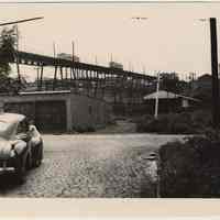 B+W photo of elevated streetcar trestle on last full day of use, Hoboken, Aug. 6, 1949.