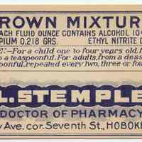 Printed label for medicine container, Brown Mixture, from Stemple Pharmacy, 266 Seventh St., Hoboken, no date, ca. 1930.