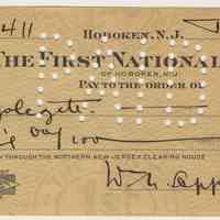 Bank check: First National Bank of Hoboken, N.J. Draft by W. N. Applegate, Jan 5, 1933.