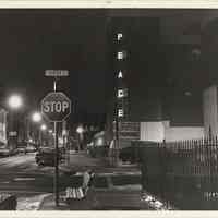 B+W photo of night view of Saint Mary Hospital looking south on Willow Ave. from north of Fourth St., Hoboken, Dec. 1977.