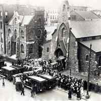 B+W photo of funeral of 7 S.S. Vestris victims at Trinity Church, 7th & Washington Sts., Hoboken, Nov. 24, 1928.