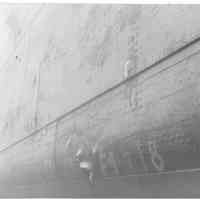 B+W photo of a detail view of hull damage to an unidentified vessel at the Bethlehem Steel Shipyard, Hoboken Division, no date, ca 1940.