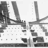 B+W photo of an interior structural view of an unknown ship, probably a hold, Hoboken, no date, ca. 1940.