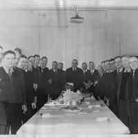 B+W photo group photo of businessmen at a luncheon meeting, Hoboken, no date, ca. 1940.