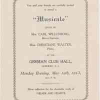 Program for a "Musicale" given by Mrs. Carl Willenborg and Miss Christiane Walter at the German Club Hall, Hoboken, May 12, 1913.
