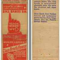 Matchbook imprinted Clam Broth House, 30-38 Newark St., Hoboken, n.d., ca. 1940-1950.