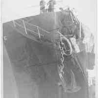 B+W photo of bow damage to unknown ship, Hoboken, no date, ca. 1940.