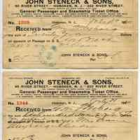 Receipts, two: John Steneck & Sons, 95 River Street; 222 River Street, Hoboken, N.J. General Passenger and Steamship Ticket Office. July 19 & 25, 1910.