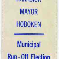 Ribbon badge for Official Challenger for [Ira] Karasick, Mayor, Hoboken, Municipal Run-Off Election, Hoboken, June 15, 1993.