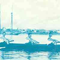 Oval cyanotype photo of 5 members of the Atlantic Boat Club in a scull rowing on the Hudson River, Hoboken, no date, ca. 1890.