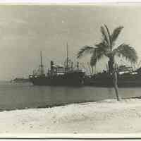 B+W photo of an unidentified Holland America Line ship at pier in Guantanamo Bay, Cuba, n.d., ca. late 1940s-1950s.