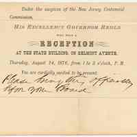 Announcement & invitation Aug. 4, 1876 to City of Hoboken by N.J. Centennial Comm. to attend reception by Governor Bedle at the State Bldg., Aug. 24, 1876.