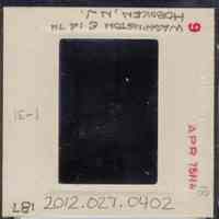          Color slide of detail view of frieze and fire escape at 1321 Washington on the SE corner with 14th looking E and a ship docked at the foot of 14th picture number 2
   