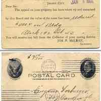 Postcard: Hudson County Board of Taxation, Jersey City, to Eugene Vosburger, 527 Garden St., Hoboken, Jan. 8, 1908; re successful appeal of assessed value.