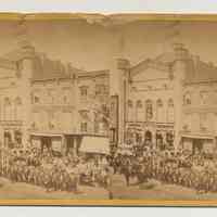 Stereoview: Funeral procession of Major Christian Woerner(?) outside Odd Fellows Hall, 172-174 Washington St., Hoboken, n.d., ca. Aug. 24 -26, 1881.
