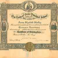 Diploma: Our Lady of Grace Parochial School, Grammar Department, Certificate of Graduation given to Anna Elizabeth Shelley, Hoboken, June 19, 1932.