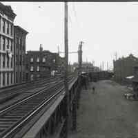Digital image of b+w photo of Public Service Trolley, looking east from temporary elevated loop, Hoboken, July 19, 1909.