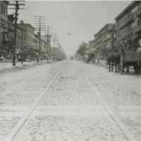 B+W photo of Public Service Railway streetcar rails on Washington Street looking north from Fourth St., Hoboken, Friday, August 22, 1913.