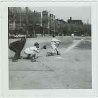 B+W photo of a baseball game at the high school sports field, Hoboken, no date, ca. 1950.