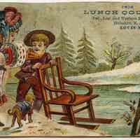 Trade or advertising card: From Lunch Counter. Del. Lac. and Western R.R. Depot, Hoboken, N.J. Louis N. LaPierre. N.d., ca. 1885-1900.