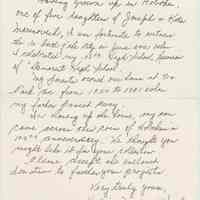 Holographic letter (note card) from Katherine Marinovich Moebes to the Museum, Nov. 4, 2002 with object and family history.