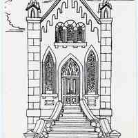 Notecard: Church building, 637 Garden St., Hoboken. Ink drawing by J.S. Watson, no date, circa 1975-1985.