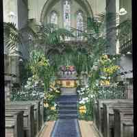 Lantern slide, color, of a church interior with floral decorations, used for promotional display in Hoboken, no date, ca. 1920.