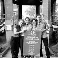 B+W photo of Kitty Clark (at right) and 3 women at Humanities Festival Week activities, Church Square Park, Hoboken, October, 1999.