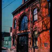          Color slide of eye-level view of ornamental brickwork on the façade of the carriage house at 626 Court Street between 6th & 7th picture number 1
   