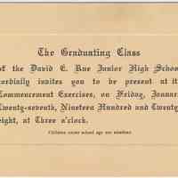 Invitation: Commencement Exercises of David E. Rue Junior High School, Hoboken, June 26, 1929.