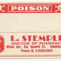 Printed label for prescription container, "Poison," from Stemple Pharmacy, 266 Seventh St., Hoboken, no date, ca. 1950.