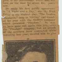 Newspaper clipping from album of article "Hudler to Go On the Road in Musical Comedy" from unidentified newspaper, no date, ca. 1915-20.