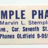 Printed band label for medicine from Stemple Pharmacy, 266 Seventh St., Hoboken, no date, ca. 1950.