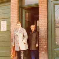 Digital image of color photograph of two women in front door of 509 Monroe St., Hoboken, November 1977.