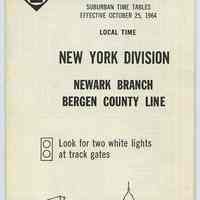 Timetable: Erie Lackawanna R.R., Suburban Time Tables, N.Y. Division, Newark Branch - Bergen County Line, Effective Oct. 25, 1964.