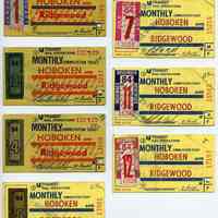 Ticket, transportation, 7: NJ Transit Rail Operations Monthly Commutation Ticket, between Hoboken and Ridgewood, Jan.; March; Apr.May; July; Nov.-Dec. 1984.