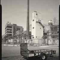 B+W photo of former Maxwell House Coffee plant exterior, looking northwest from Pilot Plant, Hoboken, 2003.