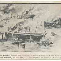 Postcard: [1900 Hoboken Pier fire.] 30. The Great Hoboken disaster, June 30, 1900. Rescuing of Kaiser Wilhelm der Grosse; Saale and Bremen nearly lost.