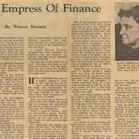 Newspaper clipping from album of article "Empress of Finance" (about Hetty Green), from Week-End Magazine, The [Bergen?] Record, December 10, 1960.