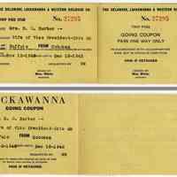 Pass: Delaware, Lackawanna & Western R.R.; issued for Mrs. H.D. Barber, Wife of Vice President, Erie R.R., travel to and return Buffalo from Hoboken, Nov. 18, 1948.