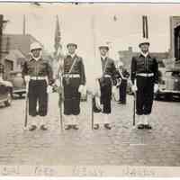 Digital image of b+w photo of Champion or St. Joseph Fife & Drum Corp posed in street Hoboken, no date, May 30,1950?