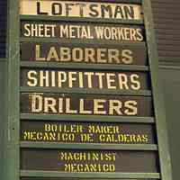 Sign board "Wanted" from Bethlehem Steel Shipyard listing help wanted at Hoboken yard, no date, ca. 1938-1982.