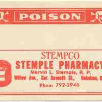 Printed label for prescription container, "Poison," from Stemple Pharmacy, 266 Seventh St., Hoboken, no date, ca. 1950.