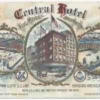 Postcard: Central Hotel, 36-40 Second & 200 River Streets, Hoboken, N.J. No date, circa 1907-1914; unposted.