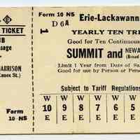 Ticket, transportation, (sample?): Erie-Lackawanna Railroad. Yearly Ten Trip Ticket Between Between Summit & Newark (Broad St.) or Harrison (Essex St.) Ca. late 1960s.