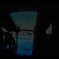 Color slide of eye-level view of the Hudson River and New York City looking E from inside the Lackawanna Terminal