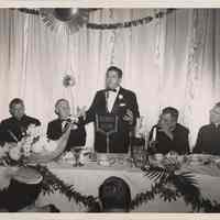 B+W photo of John J. Grogan addressing a dinner at the Union Club, Hoboken, no date, circa 1950