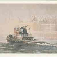 Postcard: Tugboat Crossing the Hudson River, from watercolor 1993 by Naima Rauam. Published by NewYorkPaintings.com, ca. 1993.