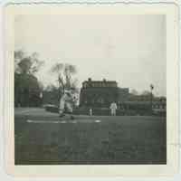 B+W photo of a baseball game at Stevens Park with a view of pitcher about to pitch, Hoboken, no date, ca. 1950.