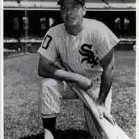 B+W photo of Hoboken native Johnny "Honey" Romano in Chicago White Sox baseball uniform, n.p., n.d., ca. 1954-1959